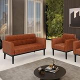 Conjunto Poltrona E Namoradeira Decorativa Pés Fixo Em Madeira Preto Pu Nozes
