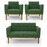 Conjunto 2 Poltronas E 1 Namoradeira Decorativa Pés Fixo Em Madeira Castanho Suede Verde