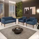 Conjunto 2 Poltronas E 1 Namoradeira Decorativa Pés Fixo Em Madeira Castanho Suede Azul Marinho