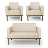 Conjunto 2 Poltronas E 1 Namoradeira Decorativa Pés Fixo Em Madeira Castanho Pu Bege