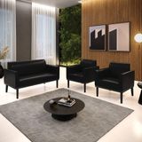 Conjunto 2 Poltronas E 1 Namoradeira Decorativa Pés Fixo Em Madeira Pu Preto Brilho