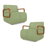 Kit 2 Poltronas Decorativa Sala De Estar Odessa Braços Em Madeira Bouclê Verde Oliva G33