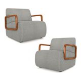 Kit 2 Poltronas Decorativa Sala De Estar Odessa Braços Em Madeira Bouclê Cinza G33
