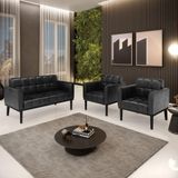 Conjunto 2 Poltronas E 1 Namoradeira Decorativa Pés Fixo Em Madeira Pu Preto Brilho
