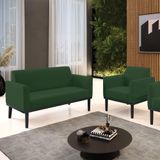 Conjunto Poltrona E Namoradeira Decorativa Pés Fixo Em Madeira Preto Veludo Verde Esmeralda