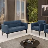 Conjunto Poltrona E Namoradeira Decorativa Pés Fixo Em Madeira Preto Suede Azul Marinho