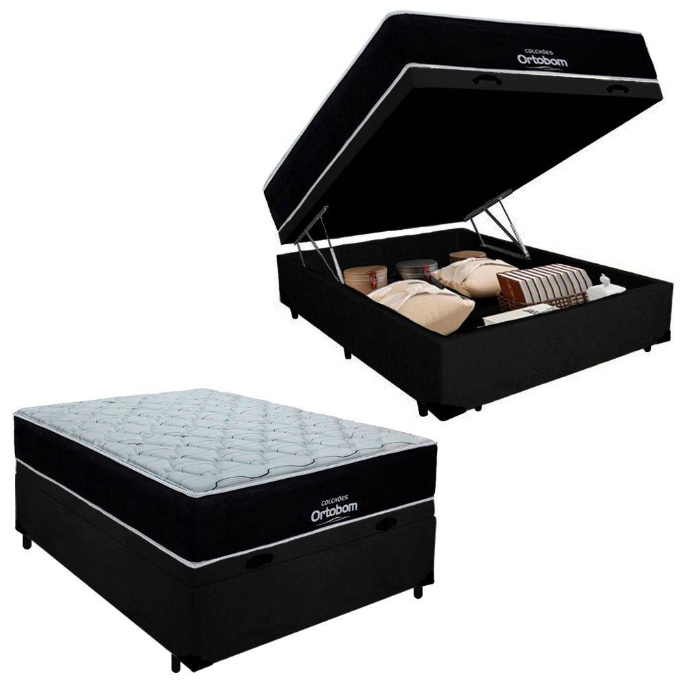 Cama Box Baú Casal Suede + Colchão Airtech Molas Ensacadas Antares Ortobom 138x188x71 Cor:preto