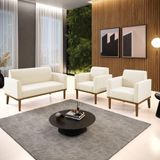 Conjunto 2 Poltronas E 1 Namoradeira Decorativa Pés Fixo Em Madeira Castanho Veludo Bege