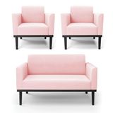 Conjunto 2 Poltronas E 1 Namoradeira Decorativa Pés Fixo Em Madeira Preto Suede Rosa Bebê