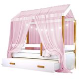 Cama Casinha Montessoriana Solteiro Com Auxiliar E Voal Rosa