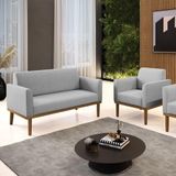 Conjunto Poltrona E Namoradeira Decorativa Pés Fixo Em Madeira Castanho Linho Cinza