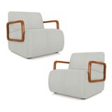 Kit 2 Poltronas Decorativa Sala De Estar Odessa Braços Em Madeira Bouclê Cinza Claro G33