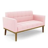 Poltrona Namoradeira Decorativa Pés Fixo Em Madeira Castanho Suede Rosa Bebê