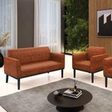 Conjunto Poltrona E Namoradeira Decorativa Pés Fixo Em Madeira Preto Pu Nozes