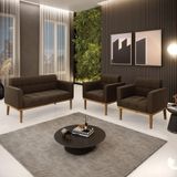 Conjunto 2 Poltronas E 1 Namoradeira Decorativa Pés Fixo Em Madeira Castanho Suede Marrom 19