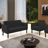 Conjunto Poltrona E Namoradeira Decorativa Pés Fixo Em Madeira Preto Veludo Preto