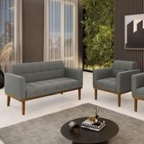 Conjunto Poltrona E Namoradeira Decorativas Pés Fixo Em Madeira Castanho Suede Grafite