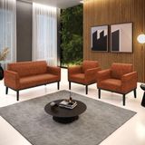Conjunto 2 Poltronas E 1 Namoradeira Decorativa Pés Fixo Em Madeira Preto Pu Nozes