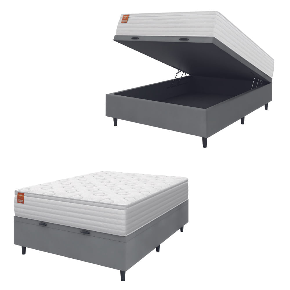 Cama Box Baú Colchão Casal Molas Ensacadas Real 138x188x68cm Branco / Cinza Inducol - Suporta Até 130kg Por Pessoa