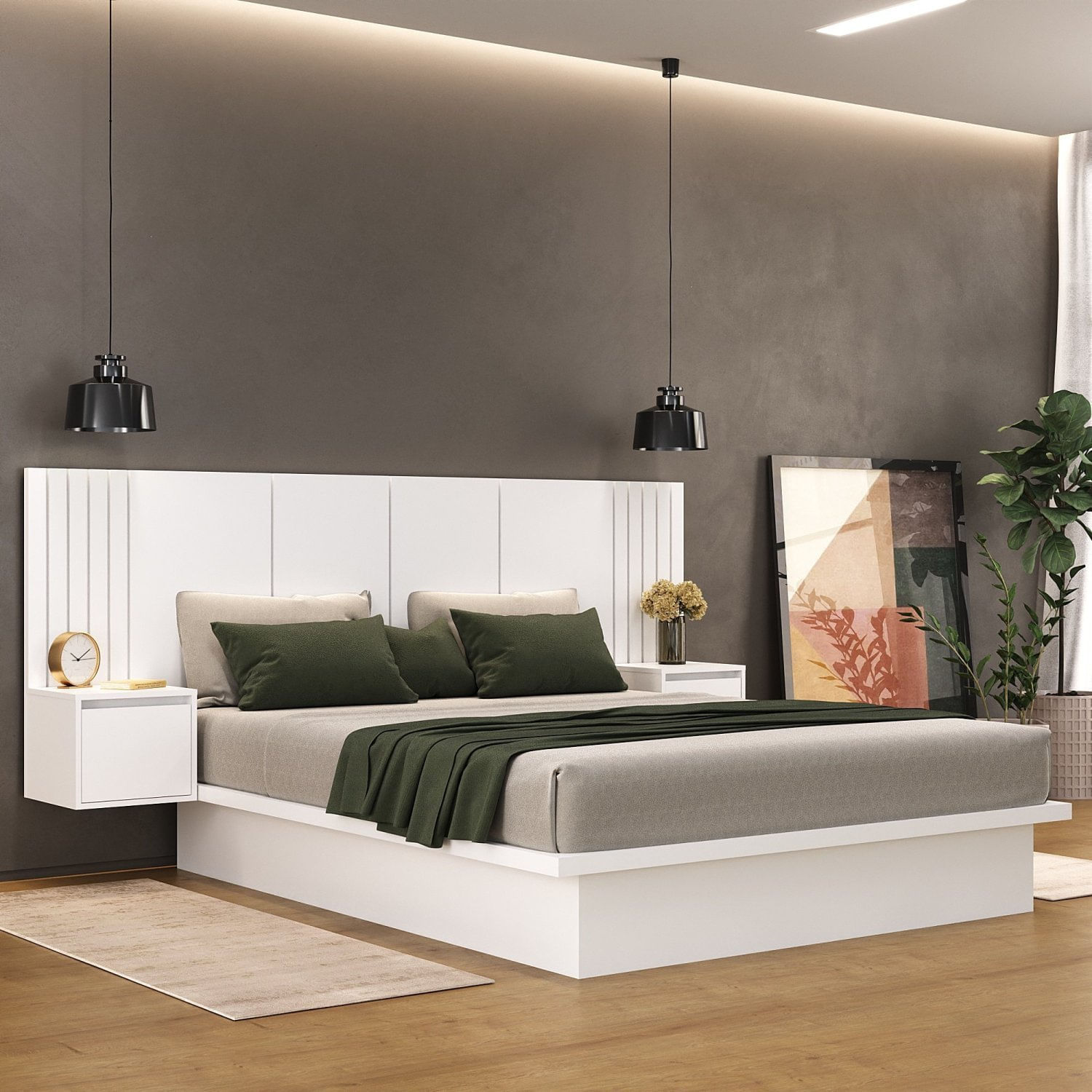 Cama Casal Com Cabeceira E 2 Mesa De Cabeceira 2 Gaveta 8292 Foscarini Branco