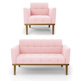 Namoradeira Com Poltrona Base De Madeira Castanho Elisa Suede D03 - D\&#39;rossi Cor Rosa Bebê