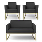 Sofá Namoradeira Com 2 Poltronas Base Industrial Dourado Marisa Corino D03 - D\&#39;rossi Cor Preto