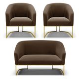 Namoradeira E 2 Poltronas Base Industrial Dourado Stella Suede Marrom D03 - D&#39;rossi