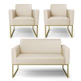 Sofá Namoradeira Com 2 Poltronas Base Industrial Dourado Marisa Corino D03 - D\&#39;rossi Cor Bege