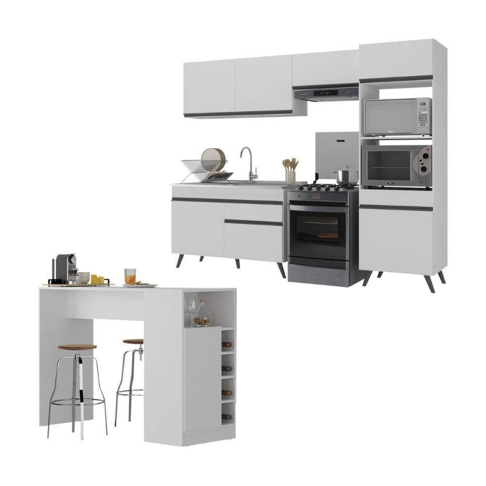 Armário De Cozinha Compacta Com Mesa/bancada Veneza Multimóveis Mp2210 Branco/preto Branco/preto