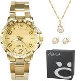 Relógio Feminino Dourado Aço Strass + Colar Brincos + Caixa Prova Dagua Casual Social Ouro Presente