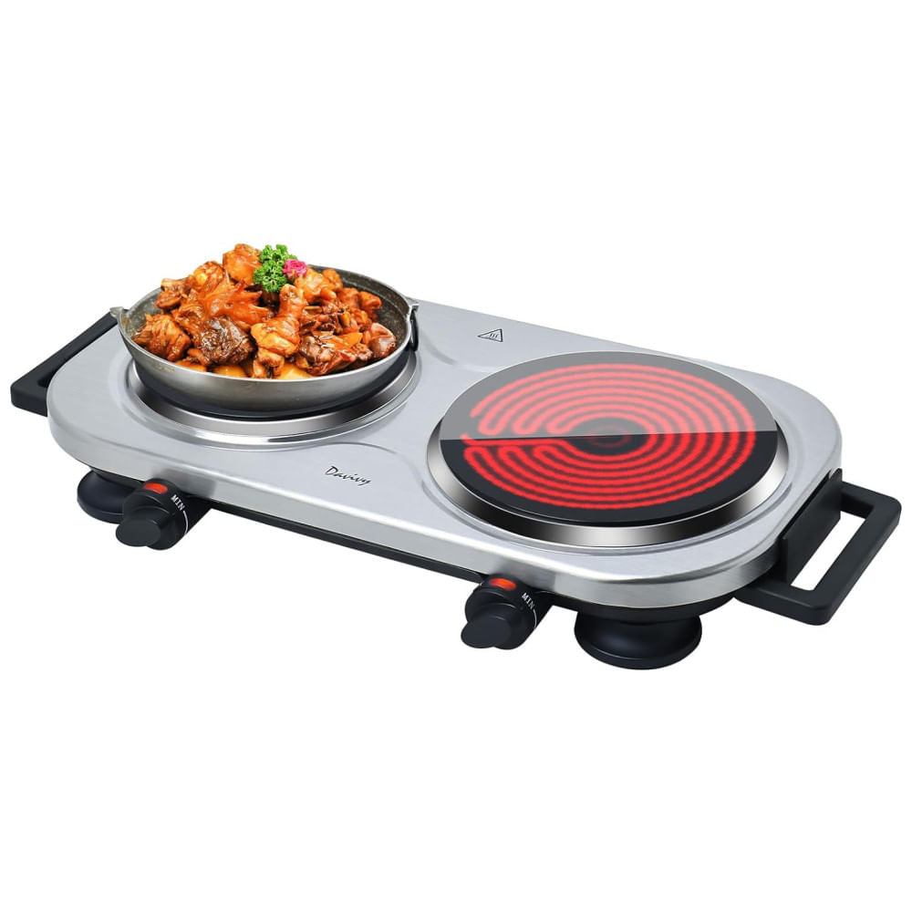 Cooktop De Indução Elétrico Com 2 Queimadores E Alça Dupla, 110v 1800w, Davivy, Prata