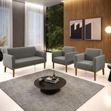 Conjunto 2 Poltronas E 1 Namoradeira Decorativa Pés Fixo Em Madeira Castanho Suede Grafite
