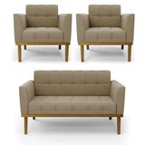 Conjunto 2 Poltronas E 1 Namoradeira Decorativa Pés Fixo Em Madeira Castanho Suede Nude