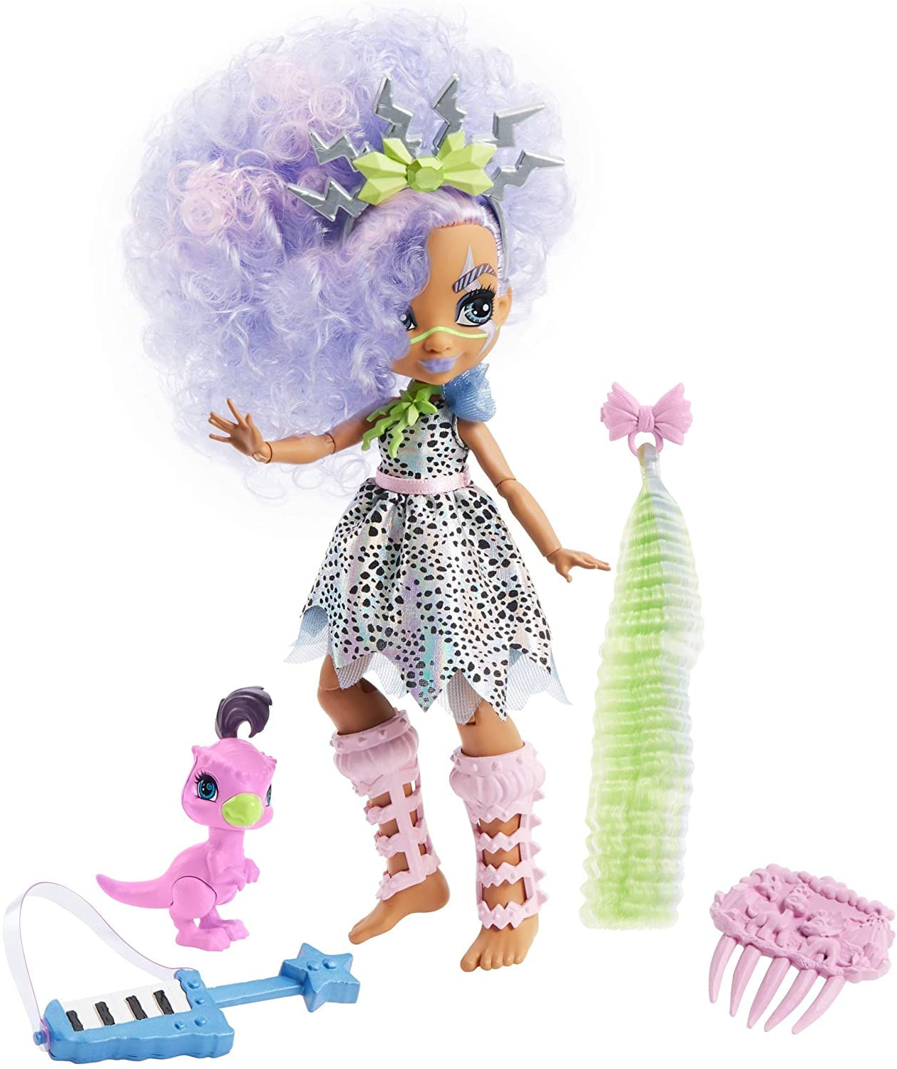 Mattel Cave Club Bashley Doll 10 Polegadas Lavanda Cabelo Poseable Boneca De Moda Pré-histórica Com Dinossauro Animal De Estimação E Acessó