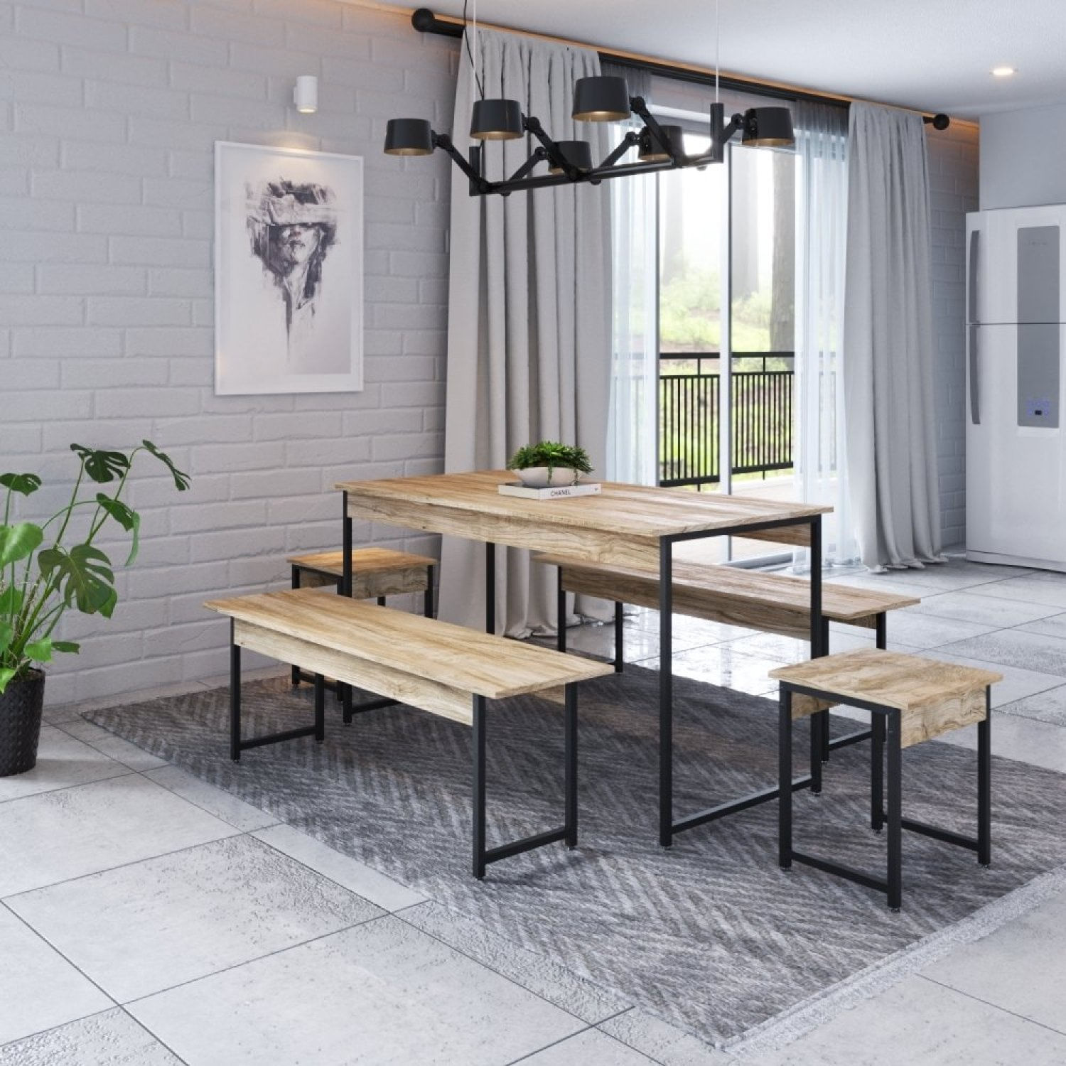 Conjunto Mesa De Jantar Com 2 Bancos 2 Banquetas Estilo Industrial Active Yescasa Carvalho