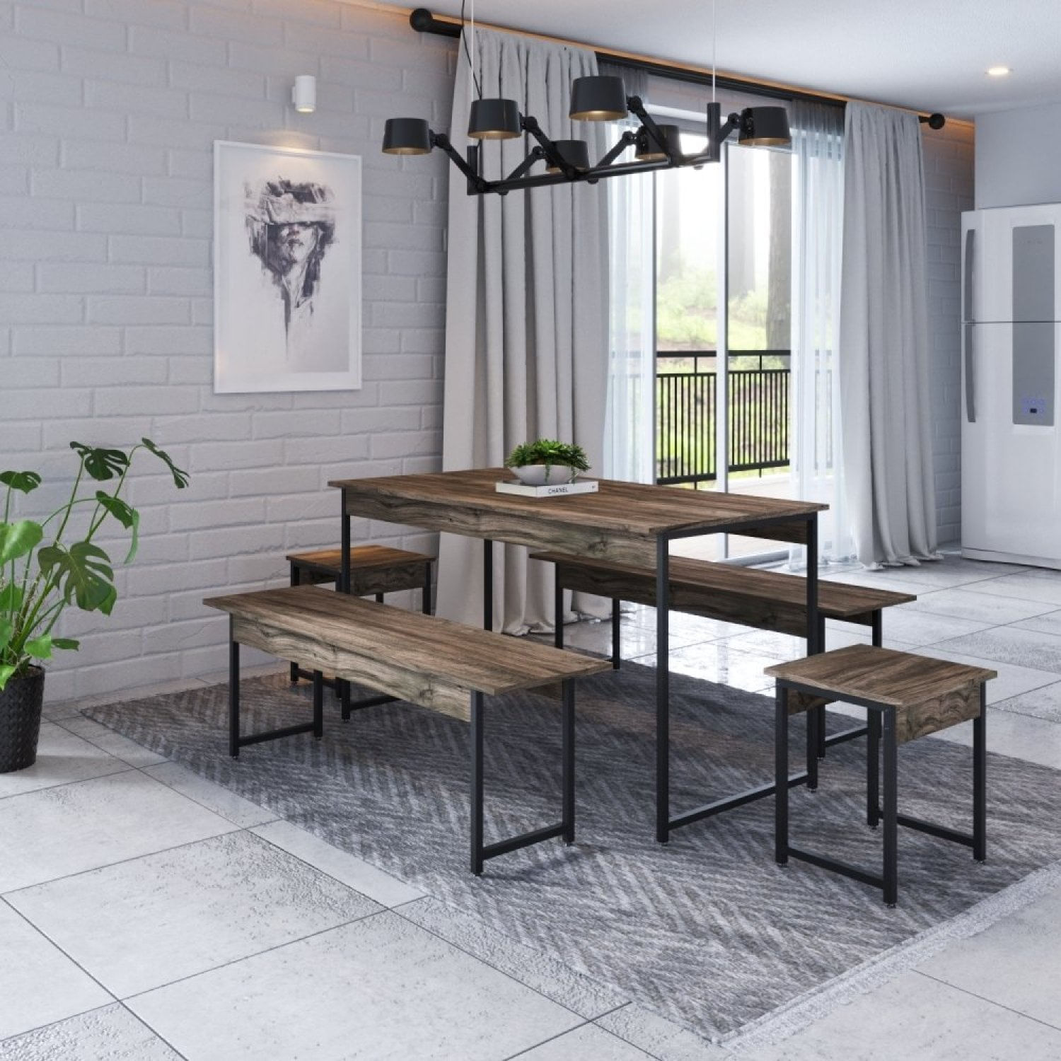 Conjunto Mesa De Jantar Com 2 Bancos 2 Banquetas Estilo Industrial Active Yescasa Carvalho Dark