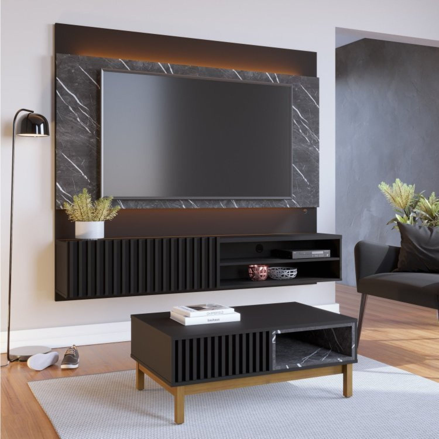 Conjunto Sala De Estar Painel Para Tv Até 65 Polegadas Ripado E Mesa De Centro Ibiza Plus Yescasa