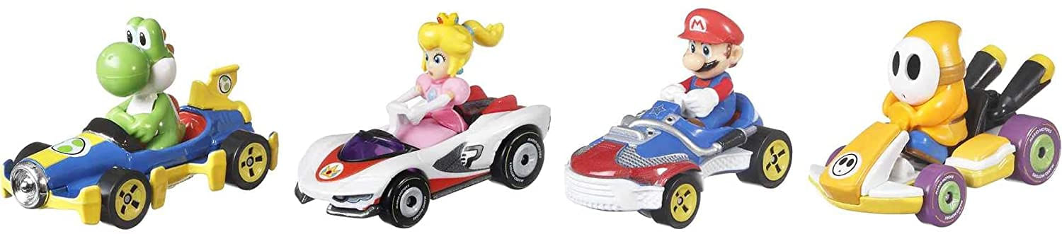 Hot Wheels Mario Kart Vehicle 4-pack, Conjunto De 4 Personagens Favoritos Dos Fãs Inclui 1 Modelo Exclusivo, Presente Colecionável Para Cria