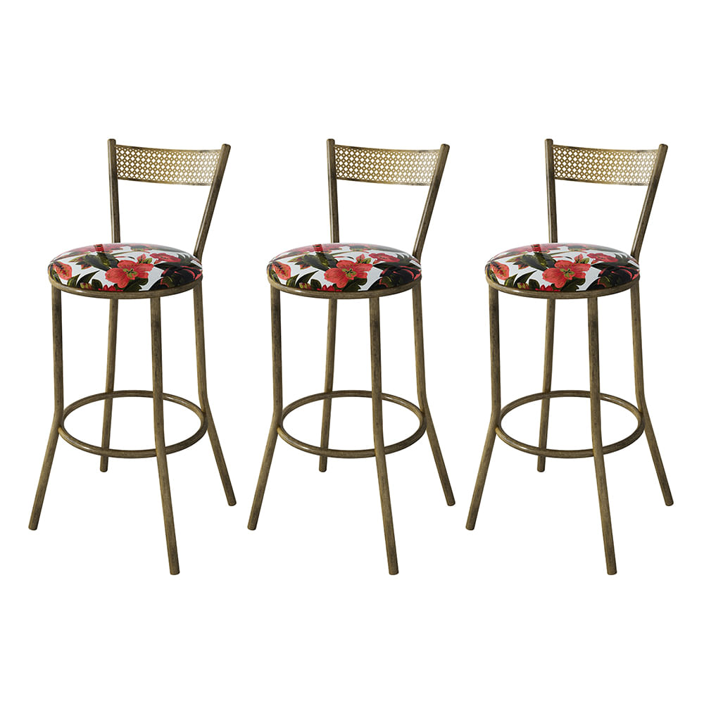 Kit 3 Banquetas Em Aço Sofia Floral Bromelia Vermelha