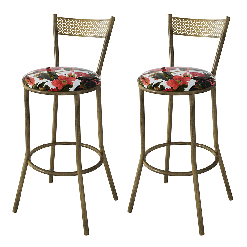 Kit 2 Banquetas Em Aço Sofia Floral Bromelia Vermelha