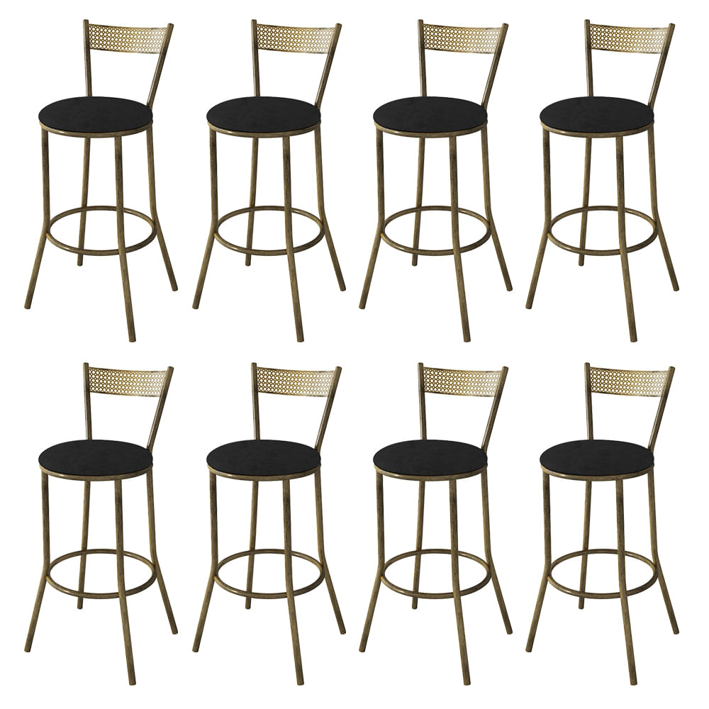 Kit 8 Banquetas Alta Estofada Preta Em Aço Ouro Envelhecido Sofia