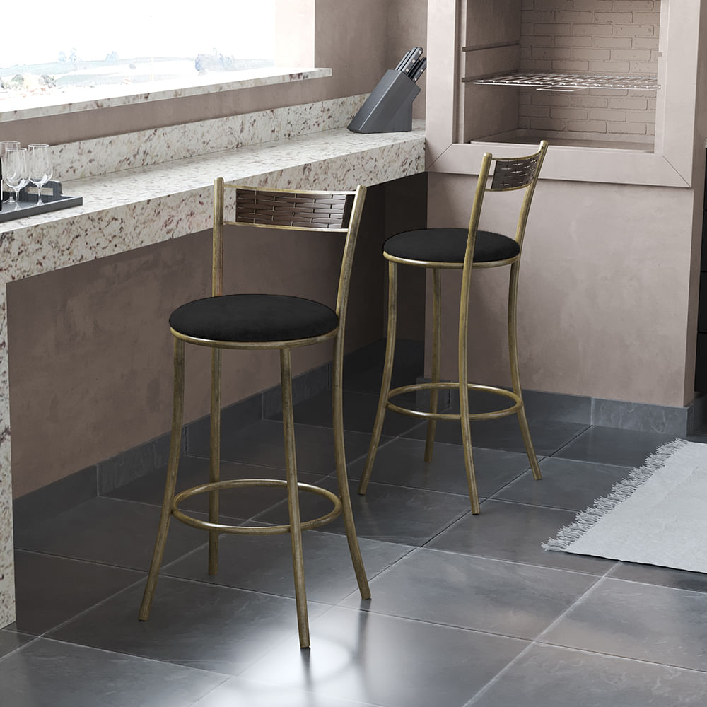 Kit 2 Banquetas Em Aço Ouro Envelhecido Assento Preto Pequim