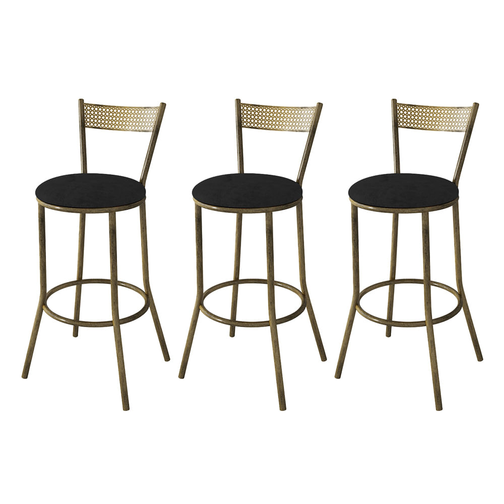 Kit 3 Banquetas Alta Estofada Preta Em Aço Ouro Envelhecido Sofia