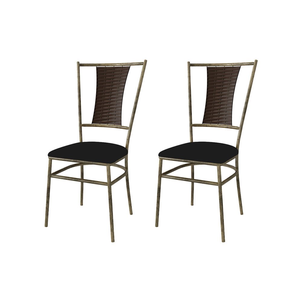 Kit 2 Cadeiras De Jantar Estofada Preta Em Aço Ouro Envelhecido Barcelona