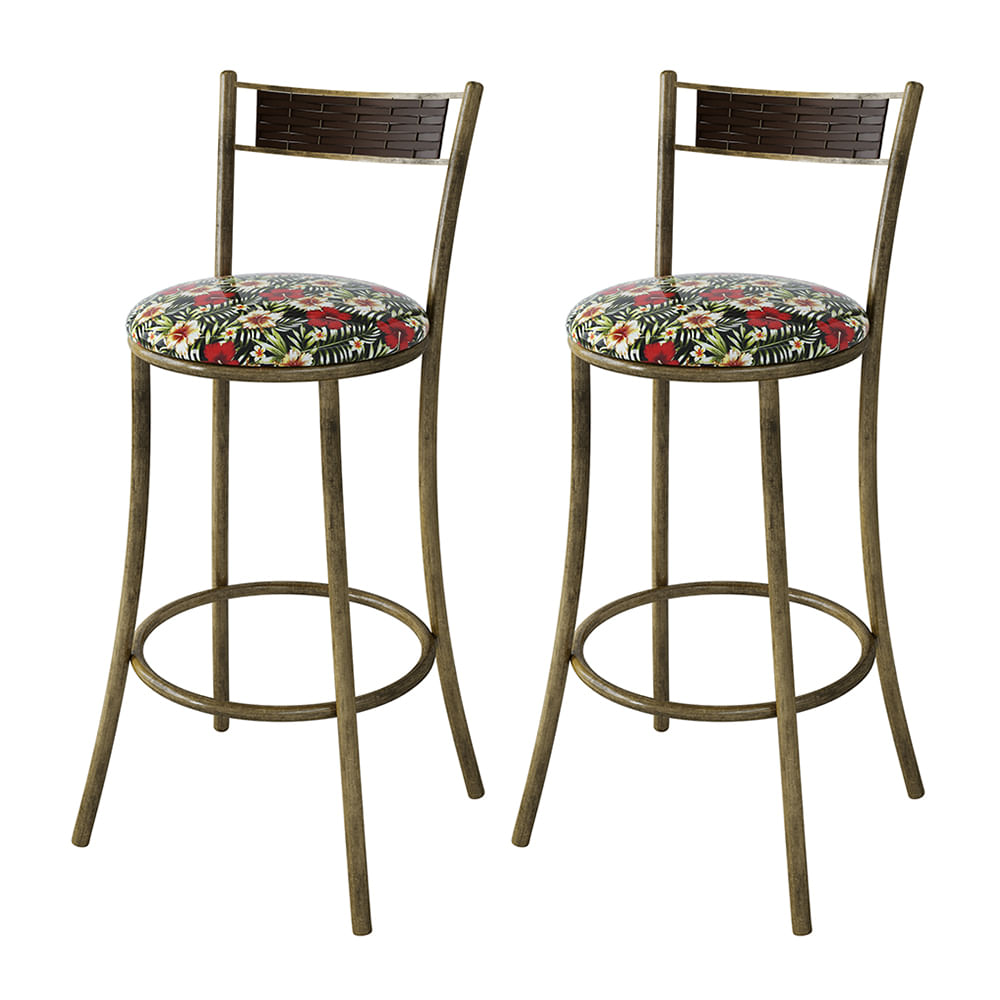 Kit 2 Banquetas Dourada Em Aço E Junco Pequim Floral Hibisco Vermelho