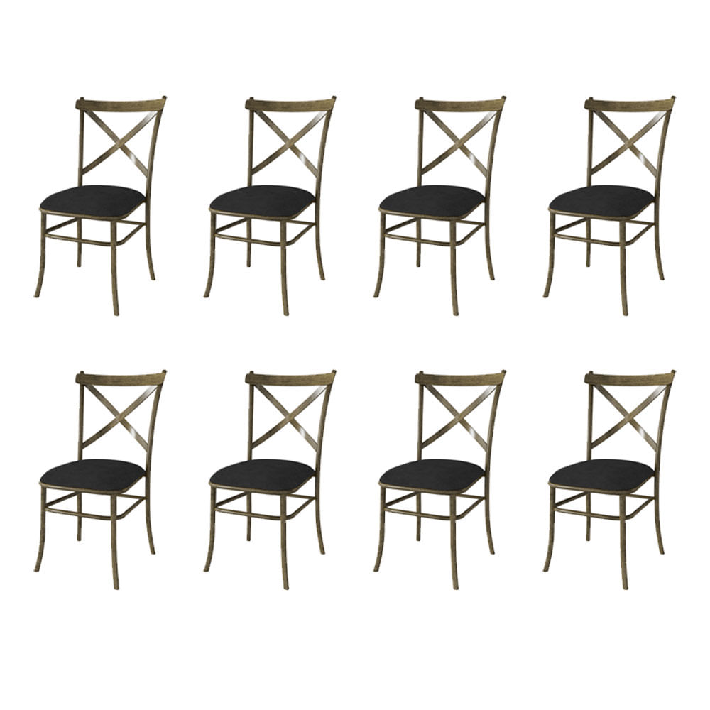 Kit 8 Cadeiras De Jantar New Katrina Assento Preto Em Aço Ouro Envelhecido Marrocos