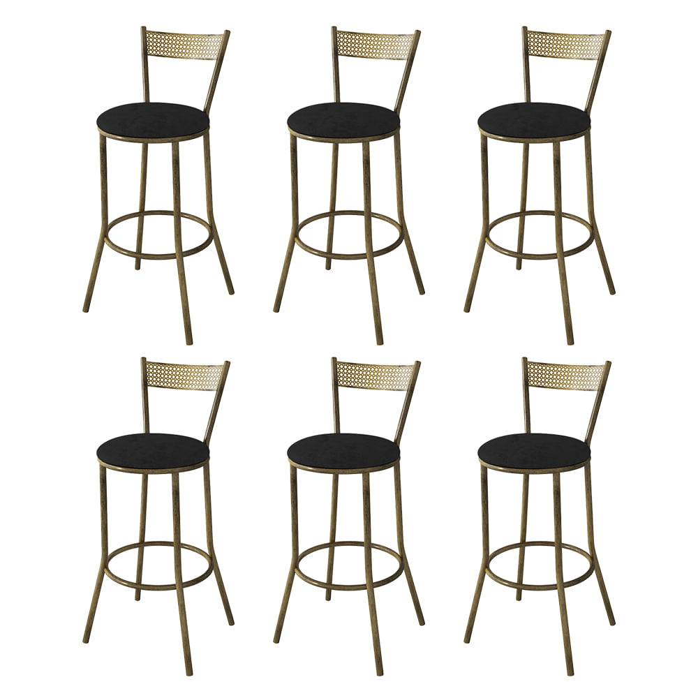 Kit 6 Banquetas Alta Estofada Preta Em Aço Ouro Envelhecido Sofia