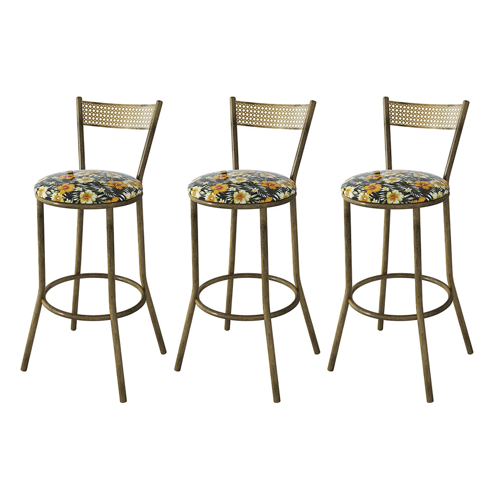 Kit 3 Banquetas Em Aço Sofia Floral Hibisco Amarelo