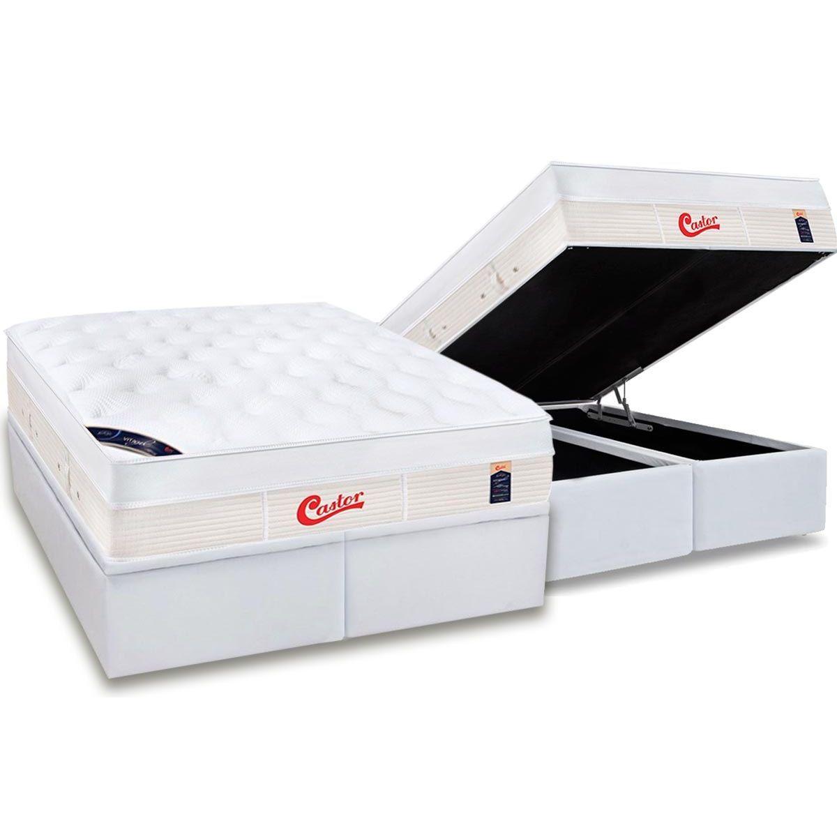 Cama Box Bau King Colchao Molas Ensacadas Castor  Gold Star Vitagel Max Base Crc Courano White 193x203