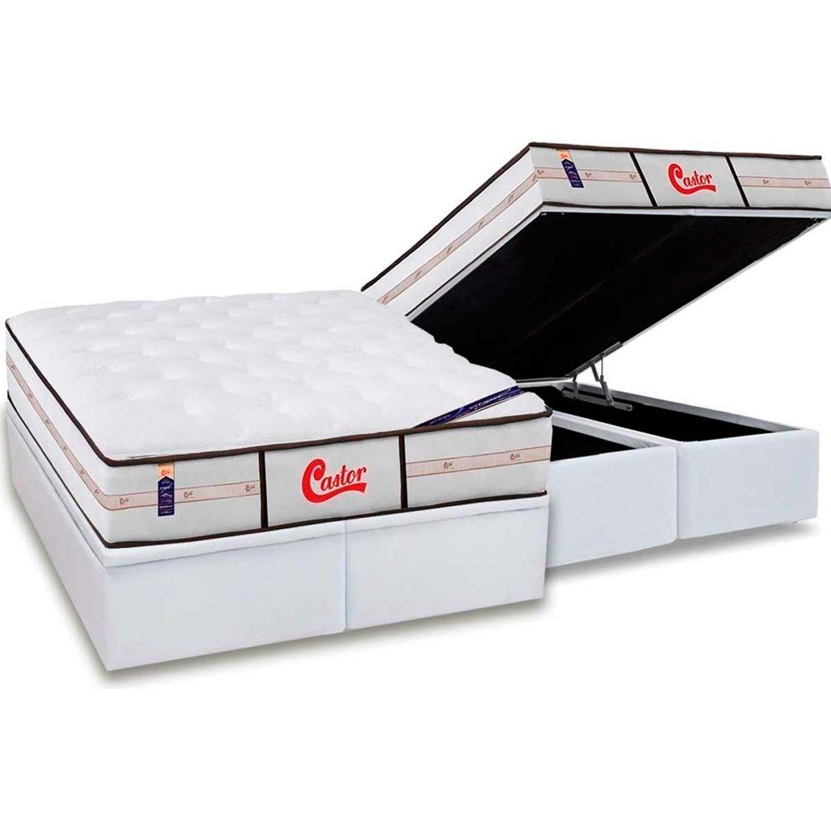 Cama Box Bau King Colchao Molas Ensacadas Castor Gold Star Vitagel Classic Double Face Base Crc Courano White 193x203